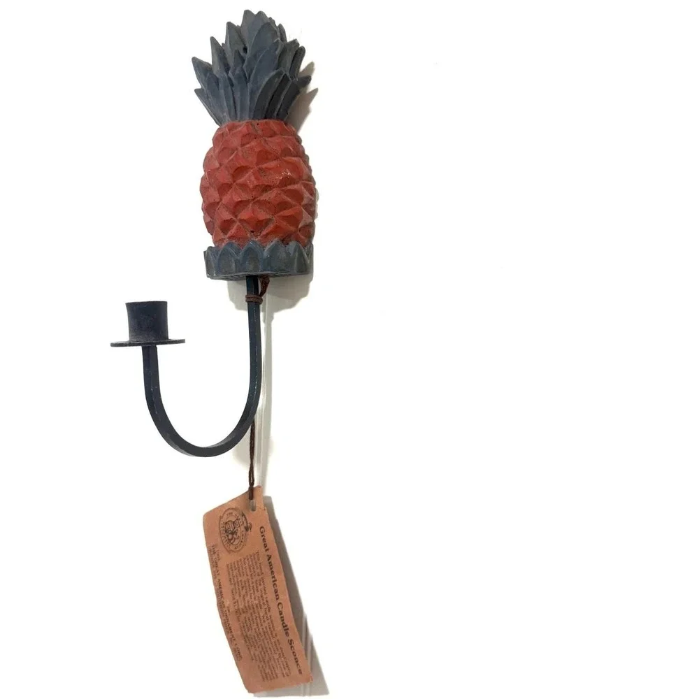 Vintage Great American Pineapple Candle Sconce Hand Carved Wood Wrought Iron